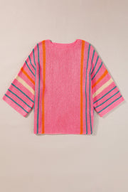 Striped Boat Neck Three-Quarter Sleeve Knit Top