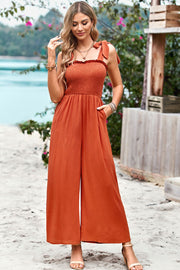 Devine Frill Trim Tie Shoulder Wide Leg Jumpsuit with Pockets