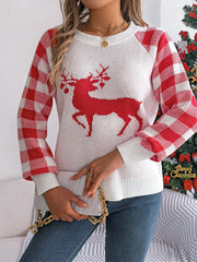 Reindeer Plaid Round Neck Long Sleeve Sweater