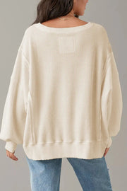 Slit Waffle-Knit Round Neck Long Sleeve Top