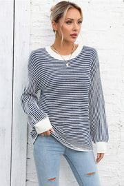 Angel Wings Striped Round Neck Long Sleeve Knit Top