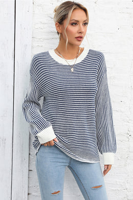 Angel Wings Striped Round Neck Long Sleeve Knit Top