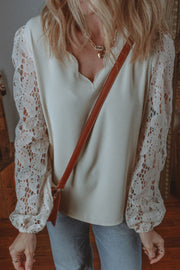 V Neck Lace Balloon Sleeve Blouse