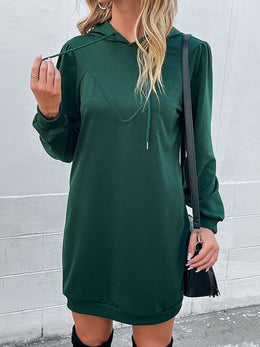 Perfee Drawstring Puff Sleeve Hooded Dress