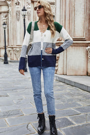 Woven Right Color Block V-Neck Button Down Cardigan