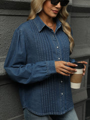 Button Down Collared Neck Long Sleeve Denim Top