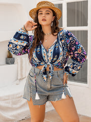 Plus Size Tie Neck Tassel Printed Blouse