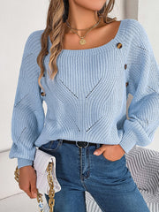 Openwork Buttoned Square Neck Sweater