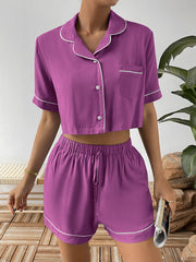 Ivy Lane Contrast Lapel Collar Cropped Shirt and Shorts Lounge Set