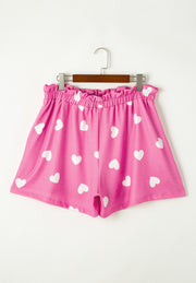 Heart Round Neck Long Sleeve Top and Elastic Waist Shorts Set