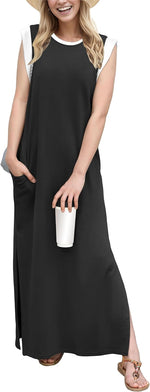2025 Women Year-Round Casual round Neck Loose Split Wrinkle-Free Long Maxi Vacation Dress with Pockets (XS-3XL)