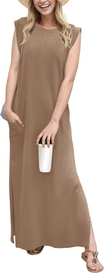 2025 Women Year-Round Casual round Neck Loose Split Wrinkle-Free Long Maxi Vacation Dress with Pockets (XS-3XL)