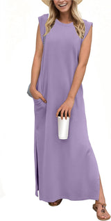 2025 Women Year-Round Casual round Neck Loose Split Wrinkle-Free Long Maxi Vacation Dress with Pockets (XS-3XL)
