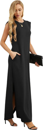 2025 Women Year-Round Casual round Neck Loose Split Wrinkle-Free Long Maxi Vacation Dress with Pockets (XS-3XL)