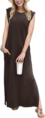 2025 Women Year-Round Casual round Neck Loose Split Wrinkle-Free Long Maxi Vacation Dress with Pockets (XS-3XL)