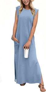 2025 Women Year-Round Casual round Neck Loose Split Wrinkle-Free Long Maxi Vacation Dress with Pockets (XS-3XL)