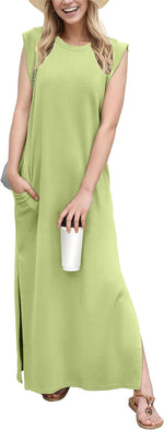 2025 Women Year-Round Casual round Neck Loose Split Wrinkle-Free Long Maxi Vacation Dress with Pockets (XS-3XL)