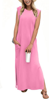 2025 Women Year-Round Casual round Neck Loose Split Wrinkle-Free Long Maxi Vacation Dress with Pockets (XS-3XL)
