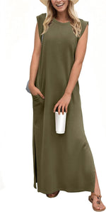 2025 Women Year-Round Casual round Neck Loose Split Wrinkle-Free Long Maxi Vacation Dress with Pockets (XS-3XL)
