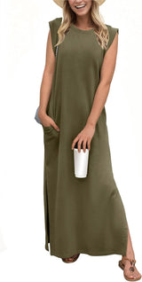 2025 Women Year-Round Casual round Neck Loose Split Wrinkle-Free Long Maxi Vacation Dress with Pockets (XS-3XL)