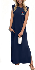 2025 Women Year-Round Casual round Neck Loose Split Wrinkle-Free Long Maxi Vacation Dress with Pockets (XS-3XL)