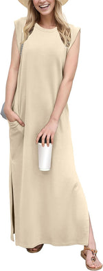 2025 Women Year-Round Casual round Neck Loose Split Wrinkle-Free Long Maxi Vacation Dress with Pockets (XS-3XL)