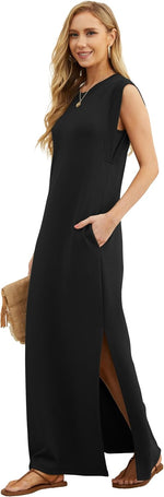 2025 Women Year-Round Casual round Neck Loose Split Wrinkle-Free Long Maxi Vacation Dress with Pockets (XS-3XL)