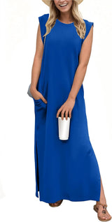 2025 Women Year-Round Casual round Neck Loose Split Wrinkle-Free Long Maxi Vacation Dress with Pockets (XS-3XL)