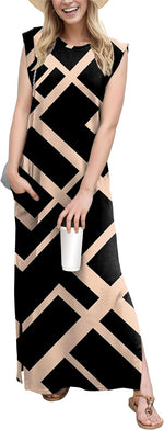 2025 Women Year-Round Casual round Neck Loose Split Wrinkle-Free Long Maxi Vacation Dress with Pockets (XS-3XL)