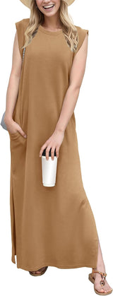 2025 Women Year-Round Casual round Neck Loose Split Wrinkle-Free Long Maxi Vacation Dress with Pockets (XS-3XL)
