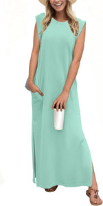 2025 Women Year-Round Casual round Neck Loose Split Wrinkle-Free Long Maxi Vacation Dress with Pockets (XS-3XL)