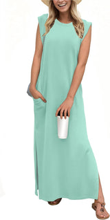 2025 Women Year-Round Casual round Neck Loose Split Wrinkle-Free Long Maxi Vacation Dress with Pockets (XS-3XL)