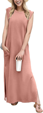 2025 Women Year-Round Casual round Neck Loose Split Wrinkle-Free Long Maxi Vacation Dress with Pockets (XS-3XL)