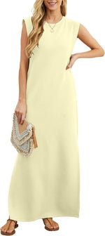 2025 Women Year-Round Casual round Neck Loose Split Wrinkle-Free Long Maxi Vacation Dress with Pockets (XS-3XL)