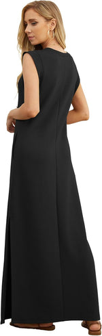 2025 Women Year-Round Casual round Neck Loose Split Wrinkle-Free Long Maxi Vacation Dress with Pockets (XS-3XL)