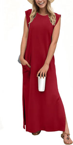 2025 Women Year-Round Casual round Neck Loose Split Wrinkle-Free Long Maxi Vacation Dress with Pockets (XS-3XL)