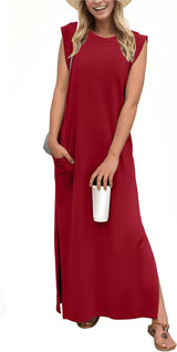 2025 Women Year-Round Casual round Neck Loose Split Wrinkle-Free Long Maxi Vacation Dress with Pockets (XS-3XL)