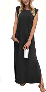 2025 Women Year-Round Casual round Neck Loose Split Wrinkle-Free Long Maxi Vacation Dress with Pockets (XS-3XL)