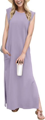 2025 Women Year-Round Casual round Neck Loose Split Wrinkle-Free Long Maxi Vacation Dress with Pockets (XS-3XL)
