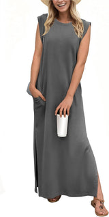 2025 Women Year-Round Casual round Neck Loose Split Wrinkle-Free Long Maxi Vacation Dress with Pockets (XS-3XL)