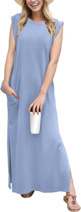 2025 Women Year-Round Casual round Neck Loose Split Wrinkle-Free Long Maxi Vacation Dress with Pockets (XS-3XL)