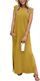 2025 Women Year-Round Casual round Neck Loose Split Wrinkle-Free Long Maxi Vacation Dress with Pockets (XS-3XL)