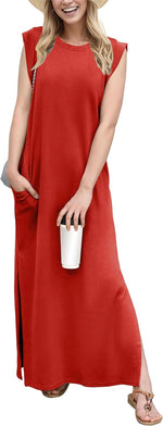 2025 Women Year-Round Casual round Neck Loose Split Wrinkle-Free Long Maxi Vacation Dress with Pockets (XS-3XL)