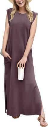 2025 Women Year-Round Casual round Neck Loose Split Wrinkle-Free Long Maxi Vacation Dress with Pockets (XS-3XL)