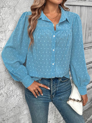 Full Size Swiss Dot Collared Neck Long Sleeve Shirt