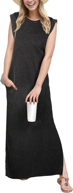 2025 Women Year-Round Casual round Neck Loose Split Wrinkle-Free Long Maxi Vacation Dress with Pockets (XS-3XL)