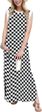 2025 Women Year-Round Casual round Neck Loose Split Wrinkle-Free Long Maxi Vacation Dress with Pockets (XS-3XL)