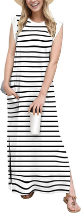 2025 Women Year-Round Casual round Neck Loose Split Wrinkle-Free Long Maxi Vacation Dress with Pockets (XS-3XL)