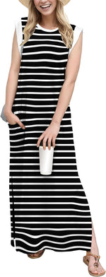 2025 Women Year-Round Casual round Neck Loose Split Wrinkle-Free Long Maxi Vacation Dress with Pockets (XS-3XL)