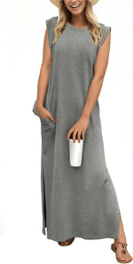 2025 Women Year-Round Casual round Neck Loose Split Wrinkle-Free Long Maxi Vacation Dress with Pockets (XS-3XL)